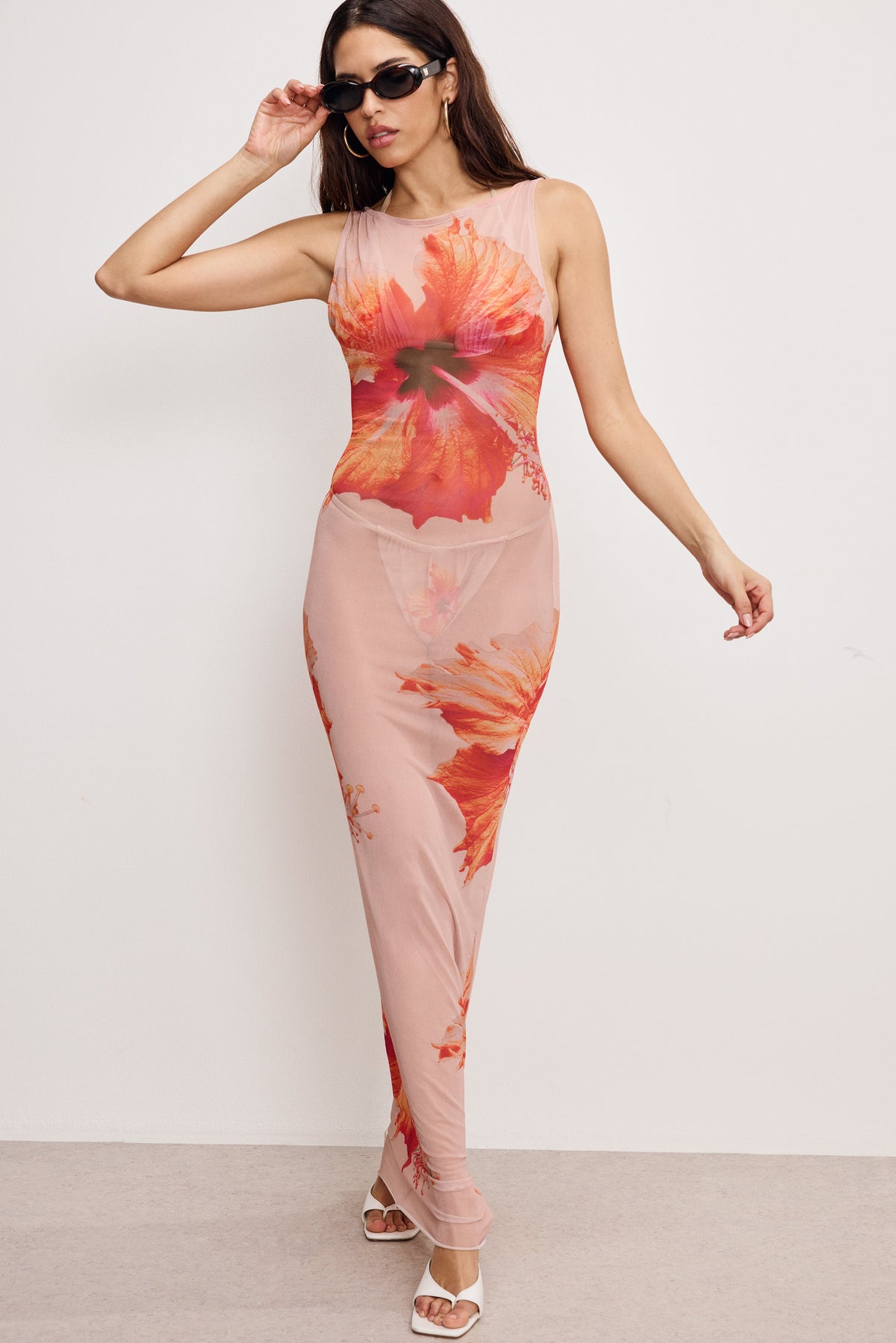 The Gauze Mesh Maxi Dress in Mauve Tropical Hibiscus001