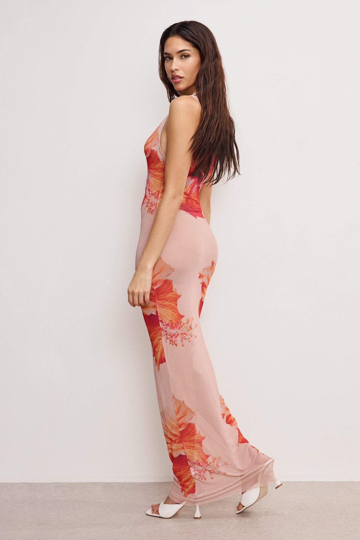 The Gauze Mesh Maxi Dress in Mauve Tropical Hibiscus001