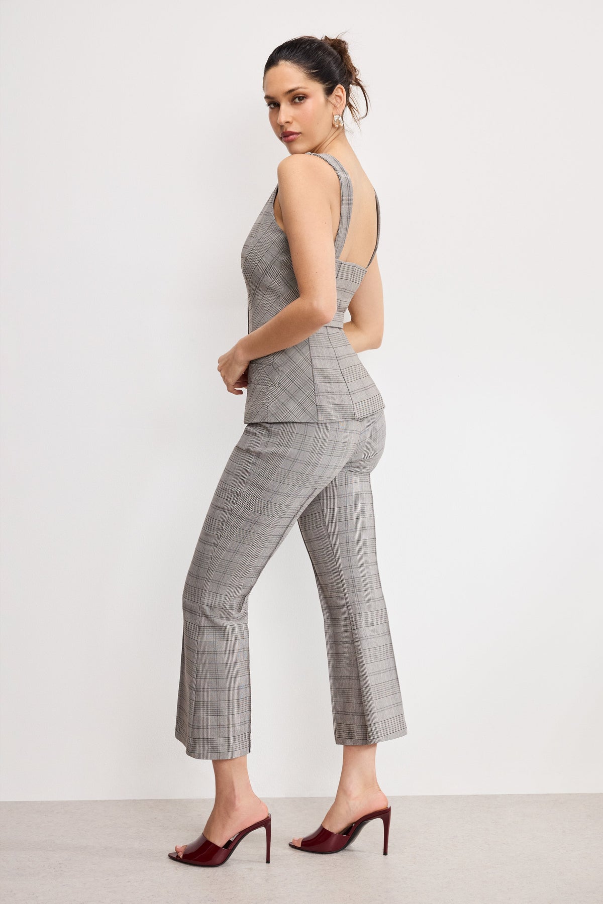 Plaid Pull On Kick Flare Pants in Glen Plaid001