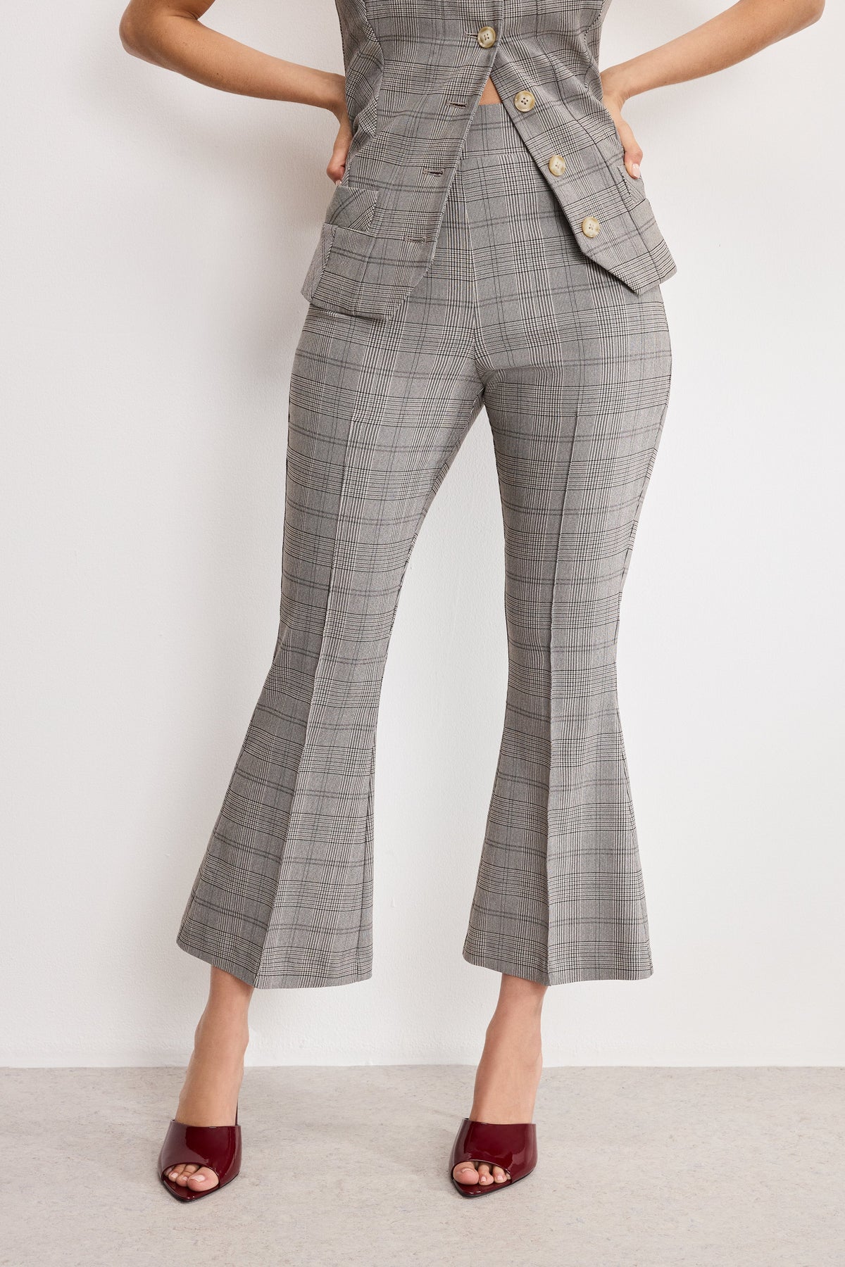 Plaid Pull On Kick Flare Pants in Glen Plaid001