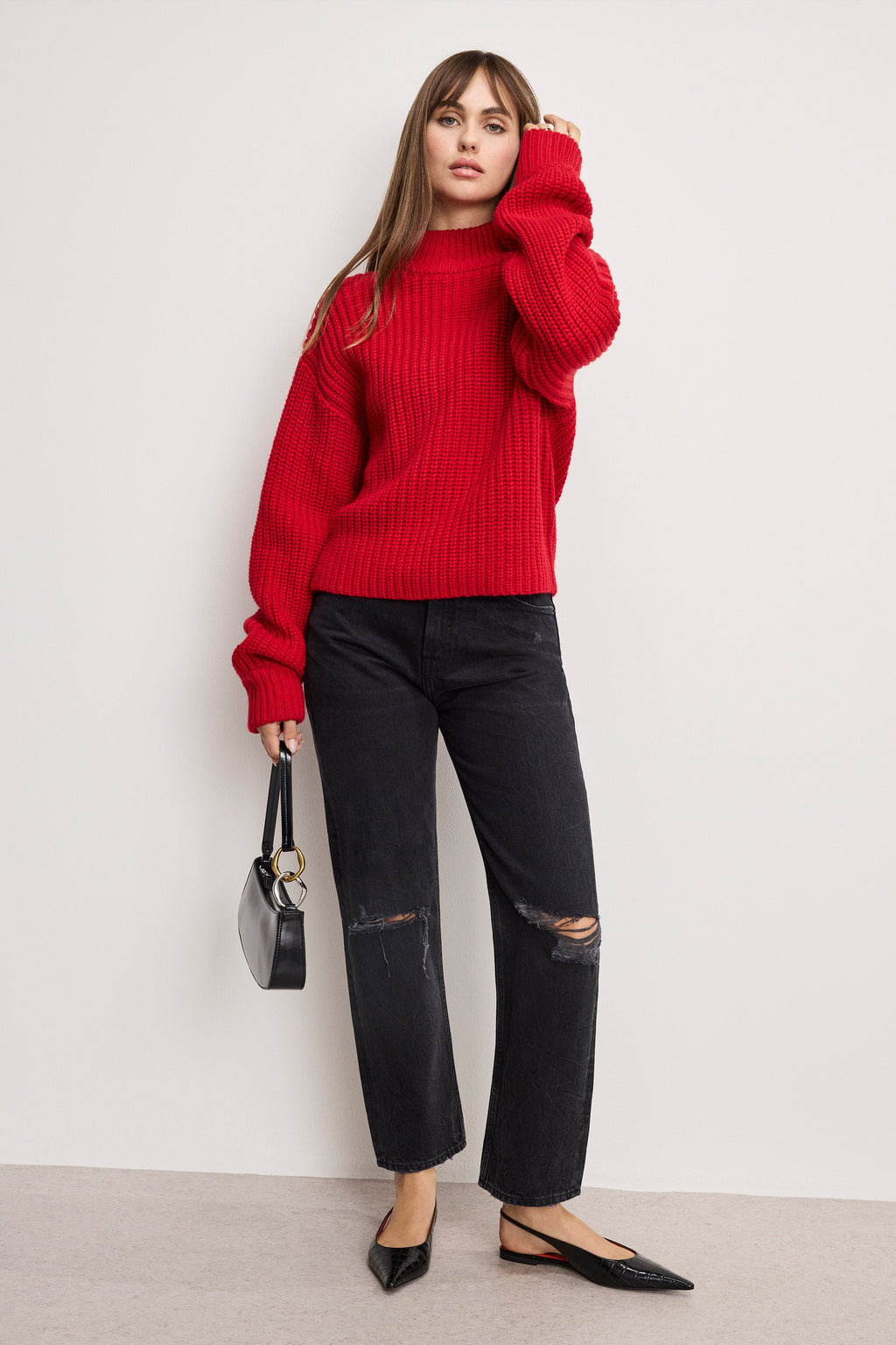 Chunky Knit Mock Neck Sweater in Chili001
