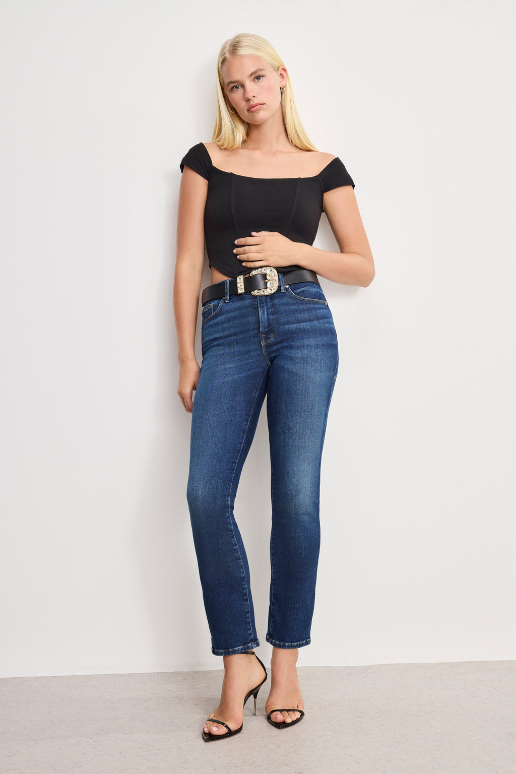 Dolly Classic Crystal Leather Belt in Black001