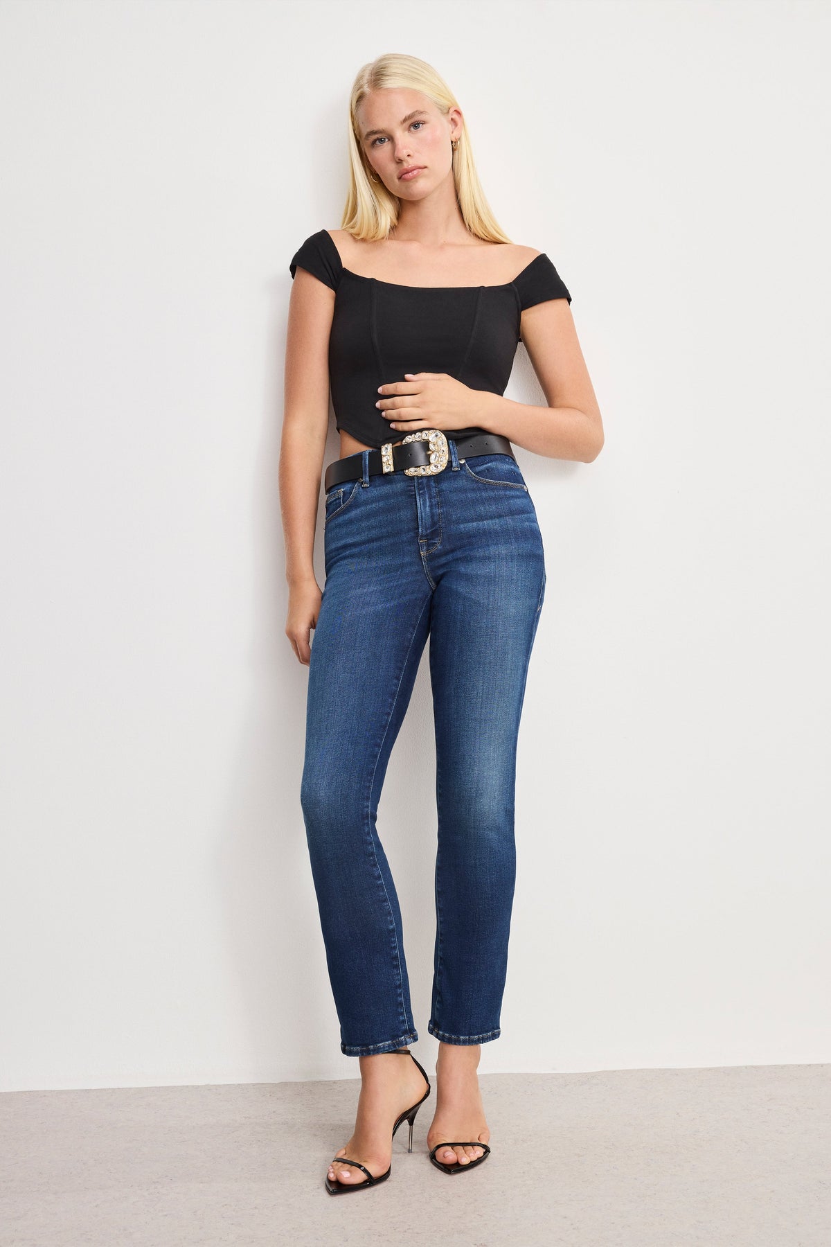 Dolly Classic Crystal Leather Belt in Black001