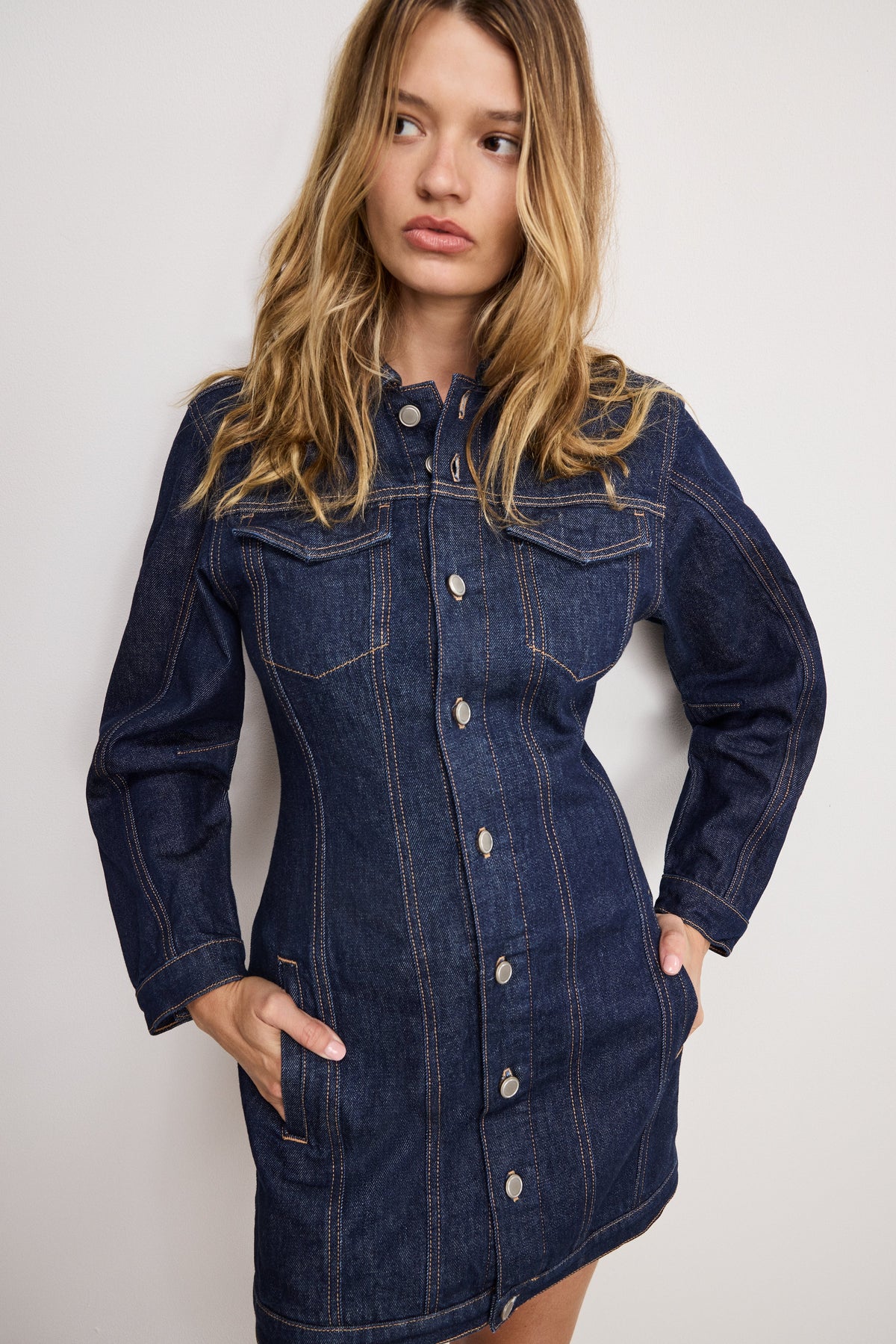 Barrel Long Sleeve Mini Dress in Indigo982