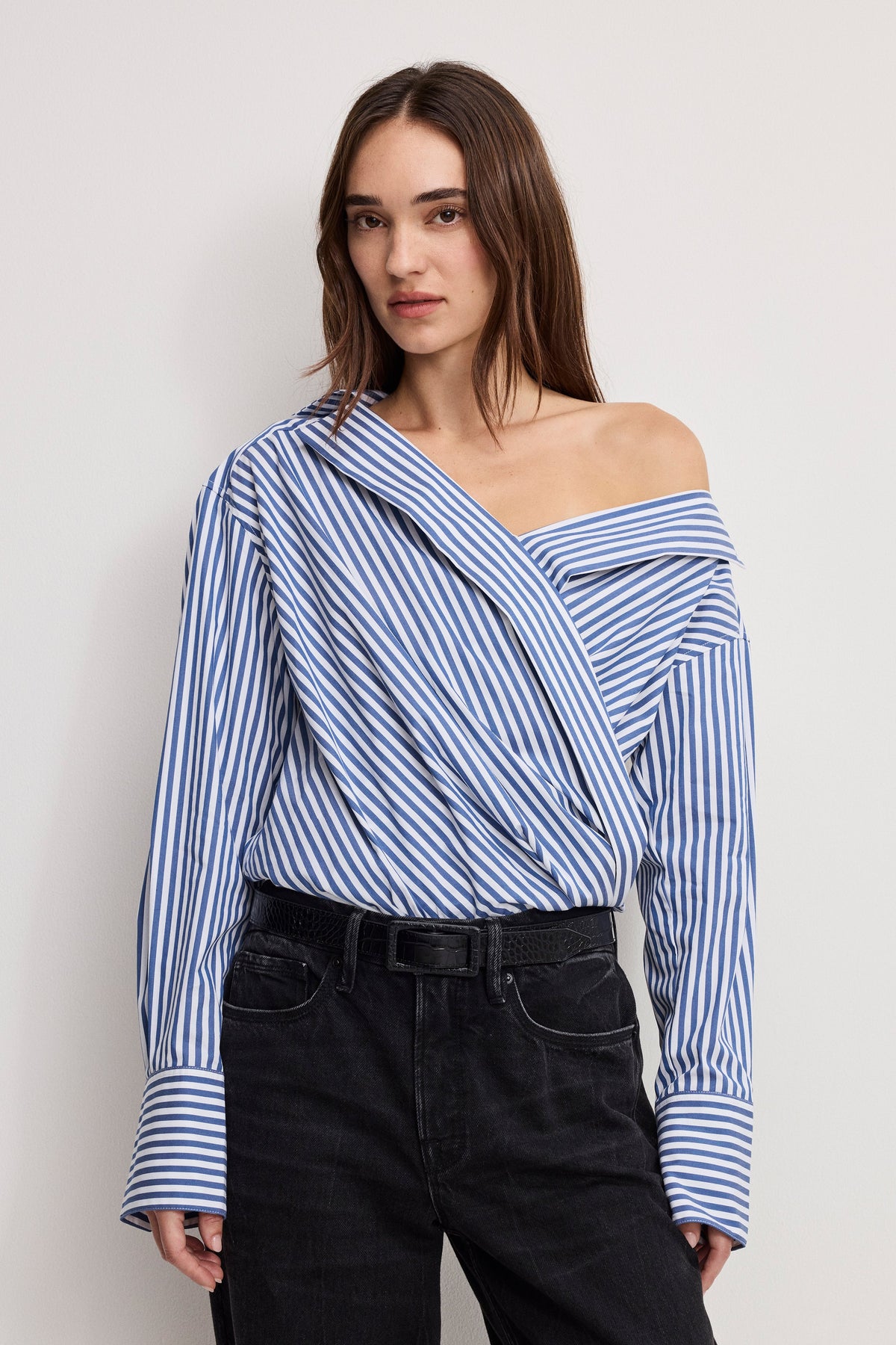 Off-Shoulder Poplin Bodysuit in Indigo Stripe