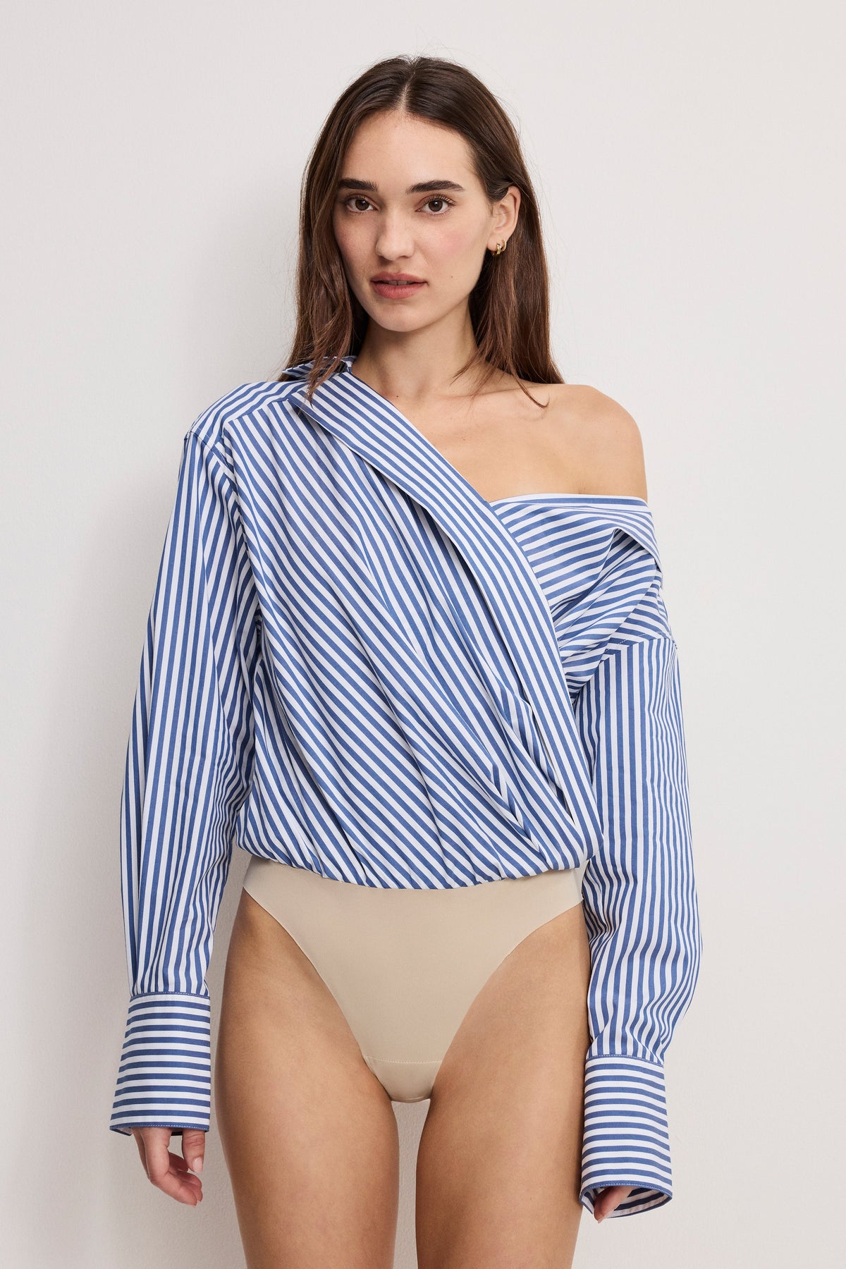 Off-Shoulder Poplin Bodysuit in Indigo Stripe