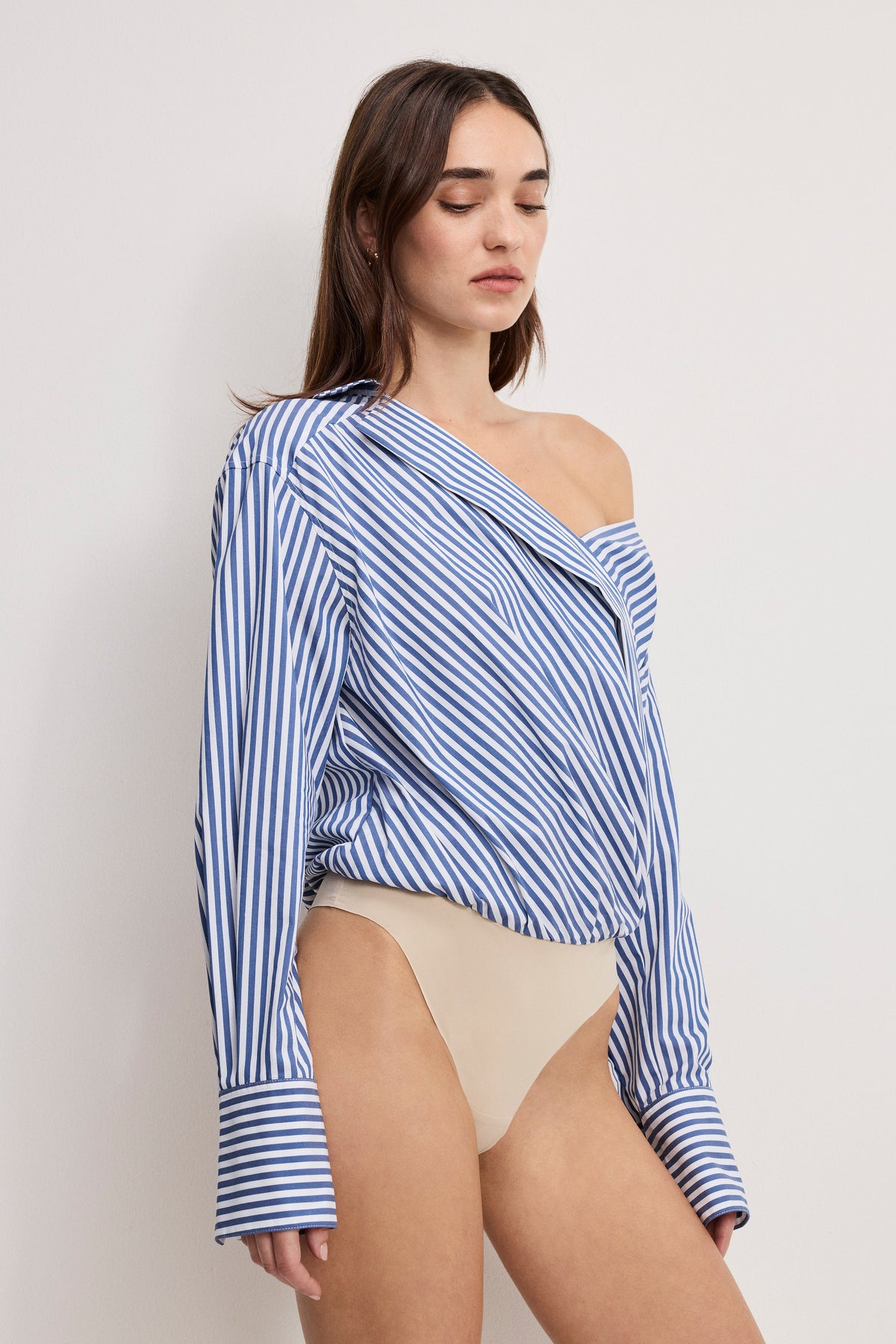 Off-Shoulder Poplin Bodysuit in Indigo Stripe