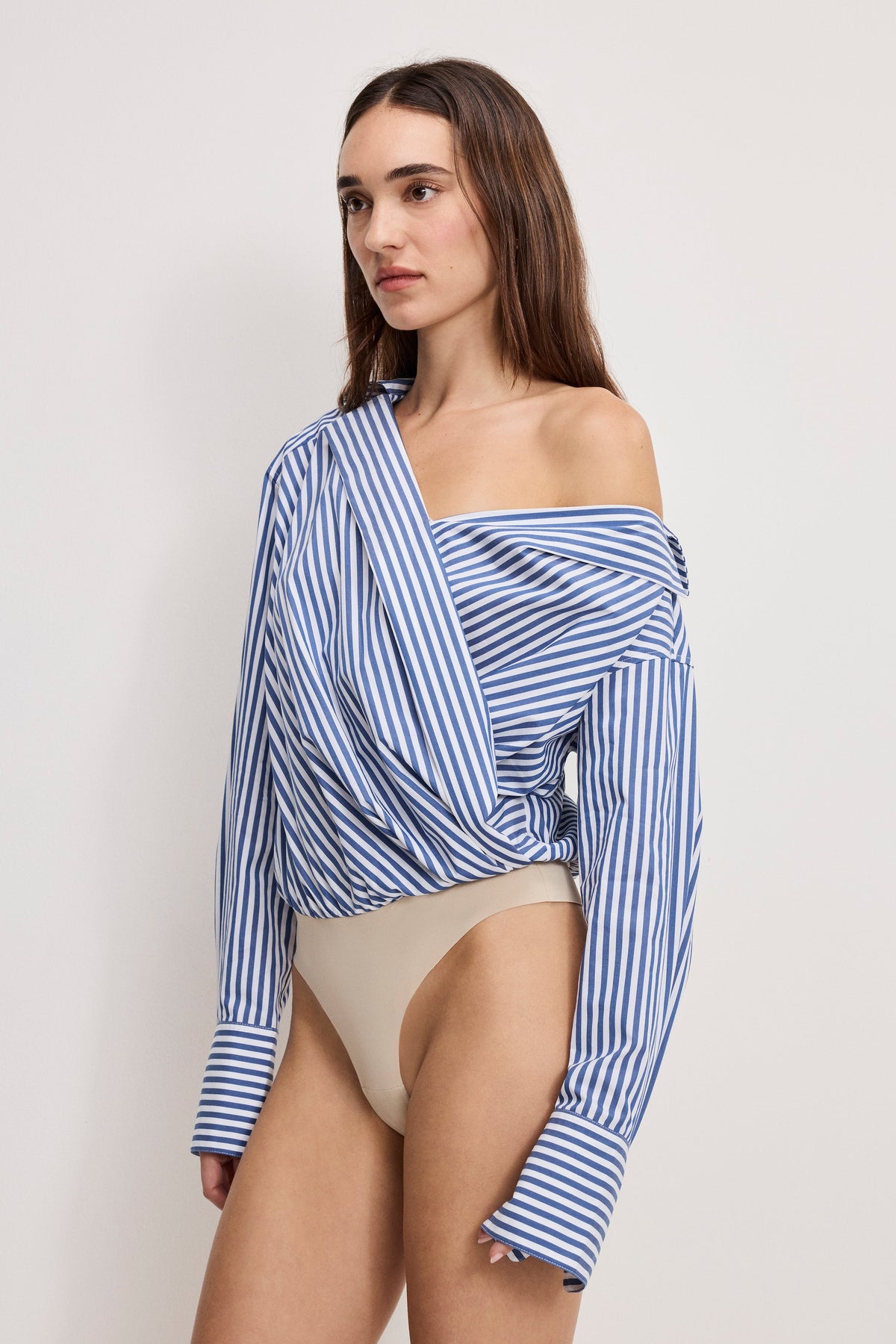 Off-Shoulder Poplin Bodysuit in Indigo Stripe