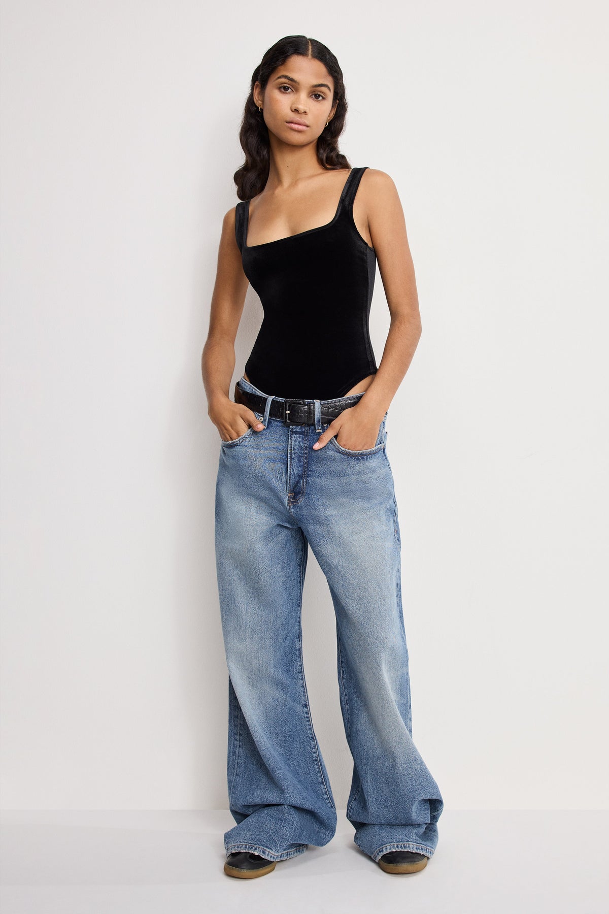 Velvet Modern Tank Bodysuit in Black001