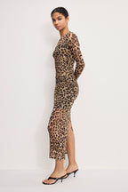Mesh Ruched Maxi Dress in Lucky Leopard001