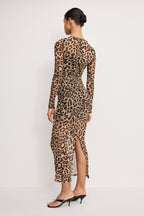 Mesh Ruched Maxi Dress in Lucky Leopard001