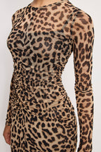 Mesh Ruched Maxi Dress in Lucky Leopard001