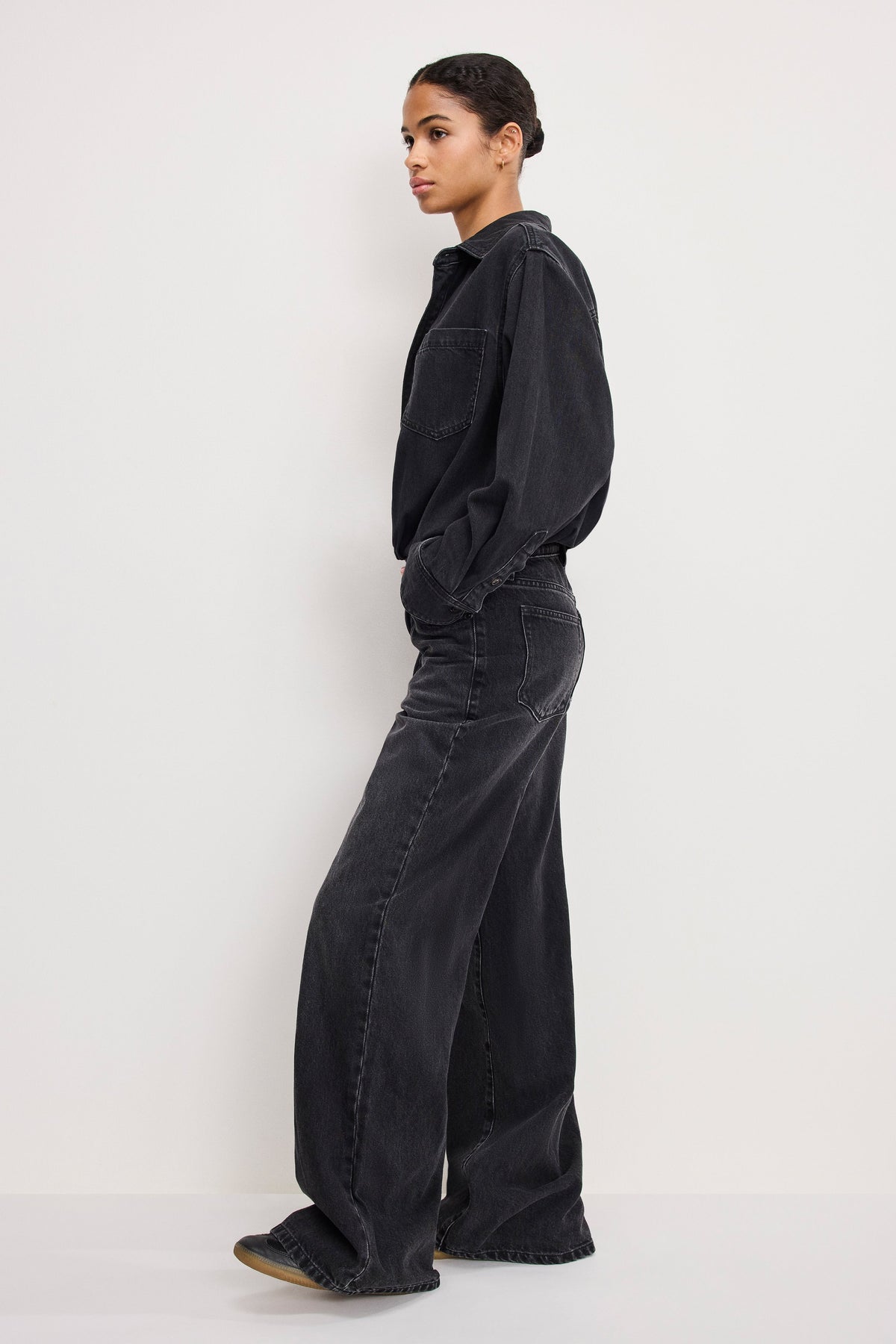 Denim Shirt Jumpsuit in Black389