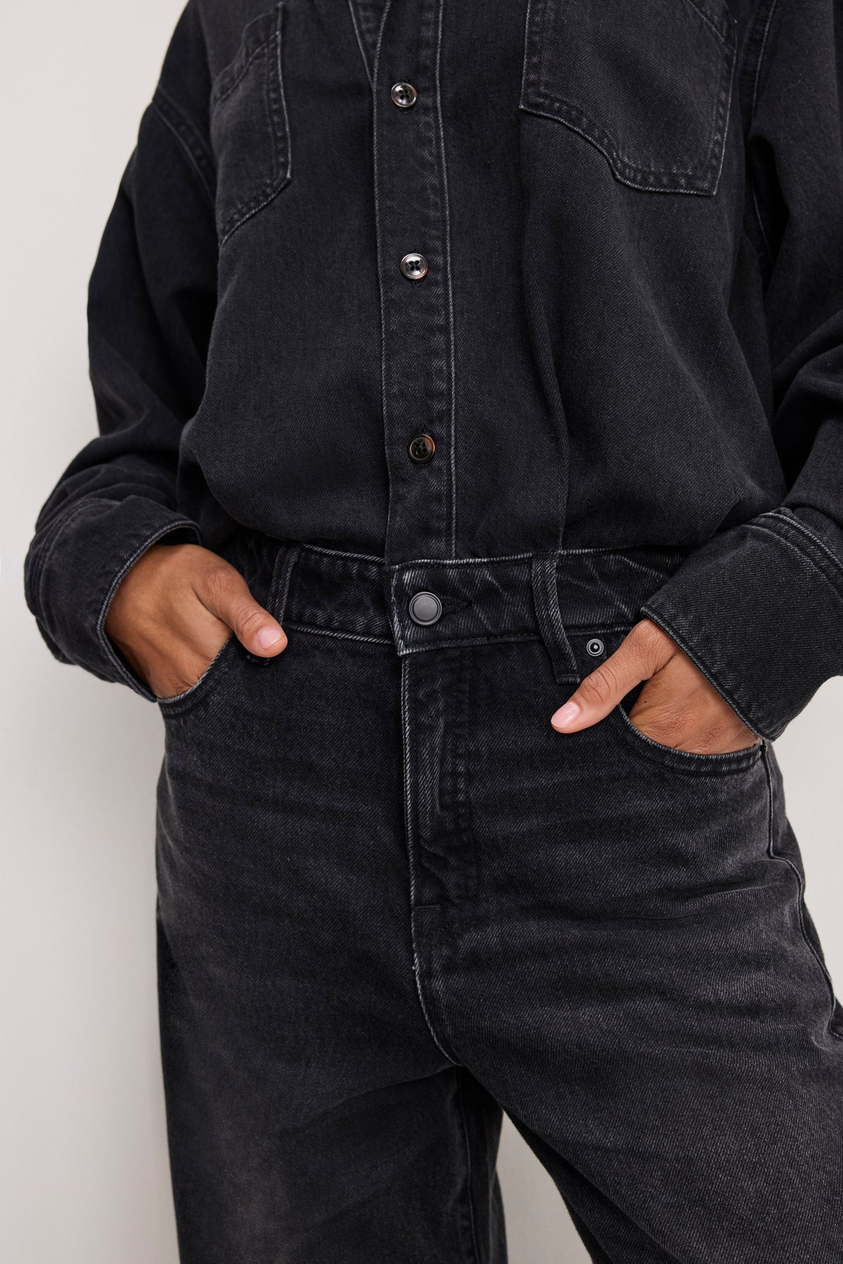 Denim Shirt Jumpsuit in Black389