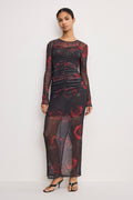 MESH RUCHED MAXI DRESS | MOODY RED ROSES001