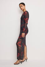 Mesh Ruched Maxi Dress in Moody Red Roses001