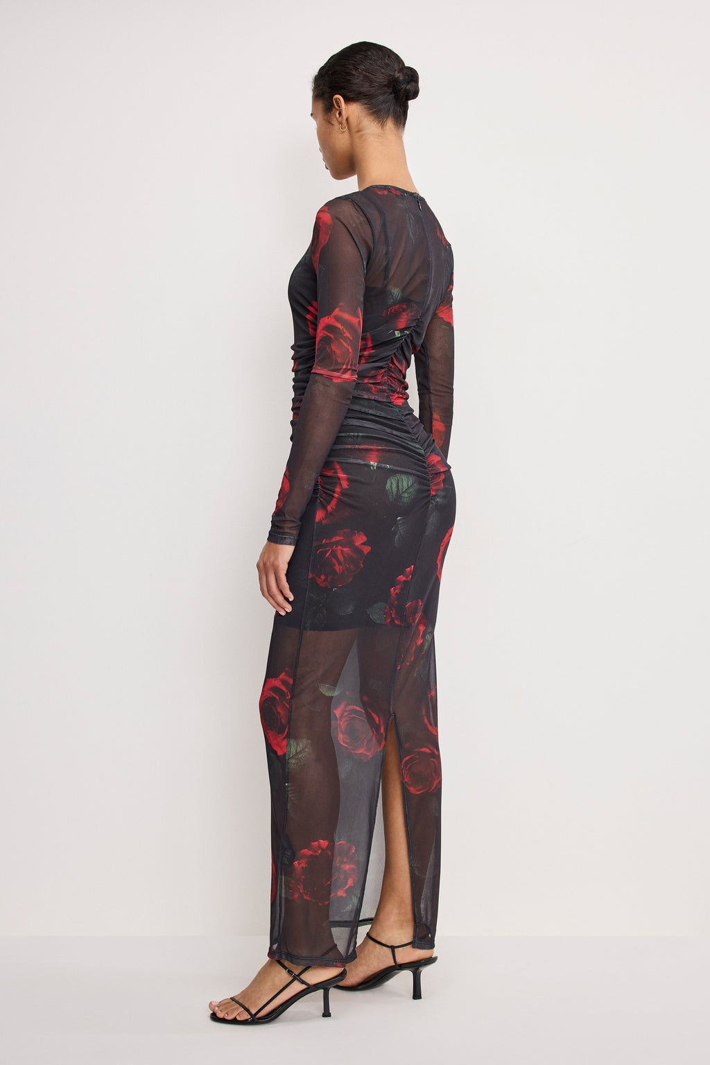 Mesh Ruched Maxi Dress in Moody Red Roses001