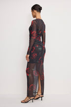 Mesh Ruched Maxi Dress in Moody Red Roses001