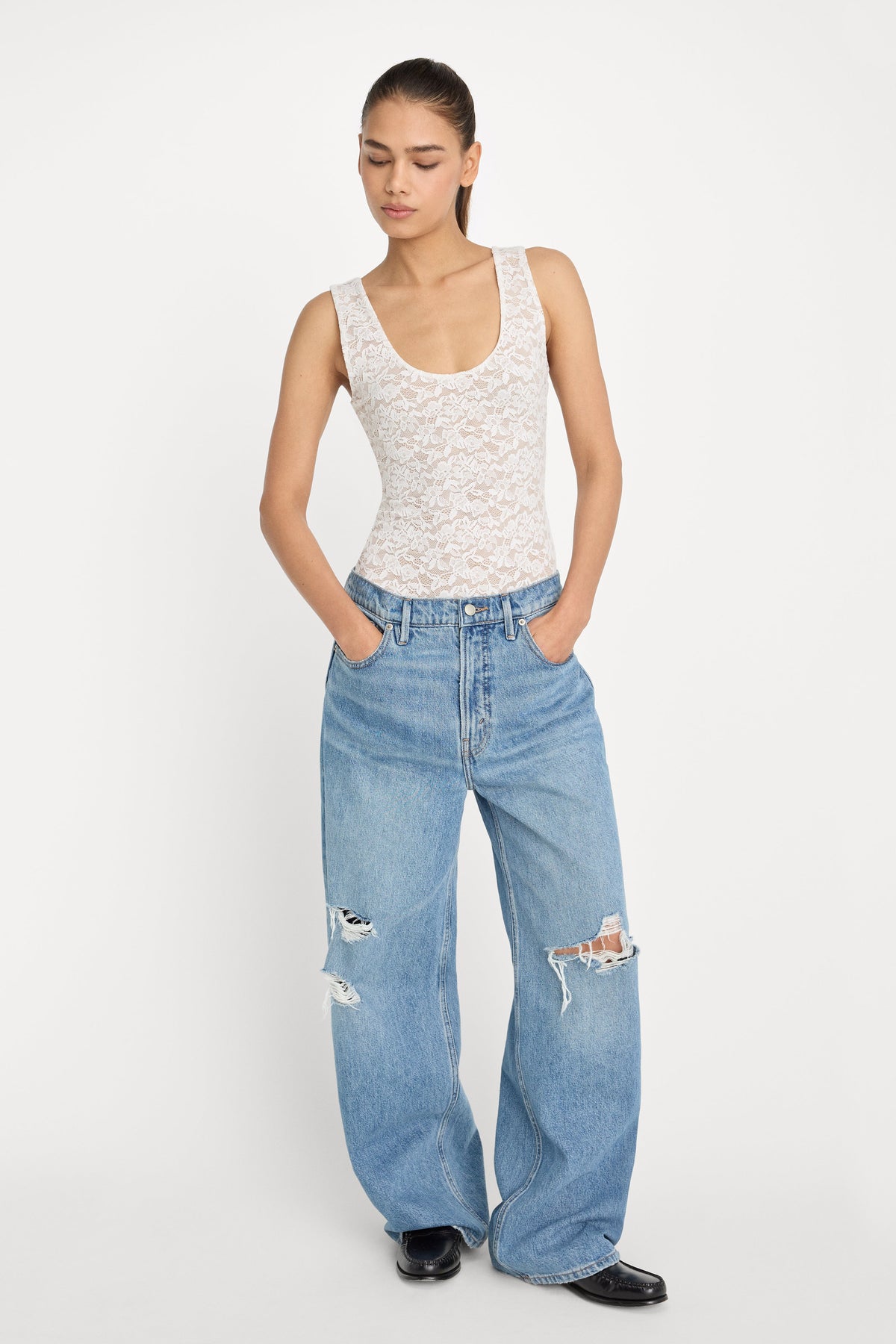 Stretch Lace Scoop Tank Bodysuit in Chalk