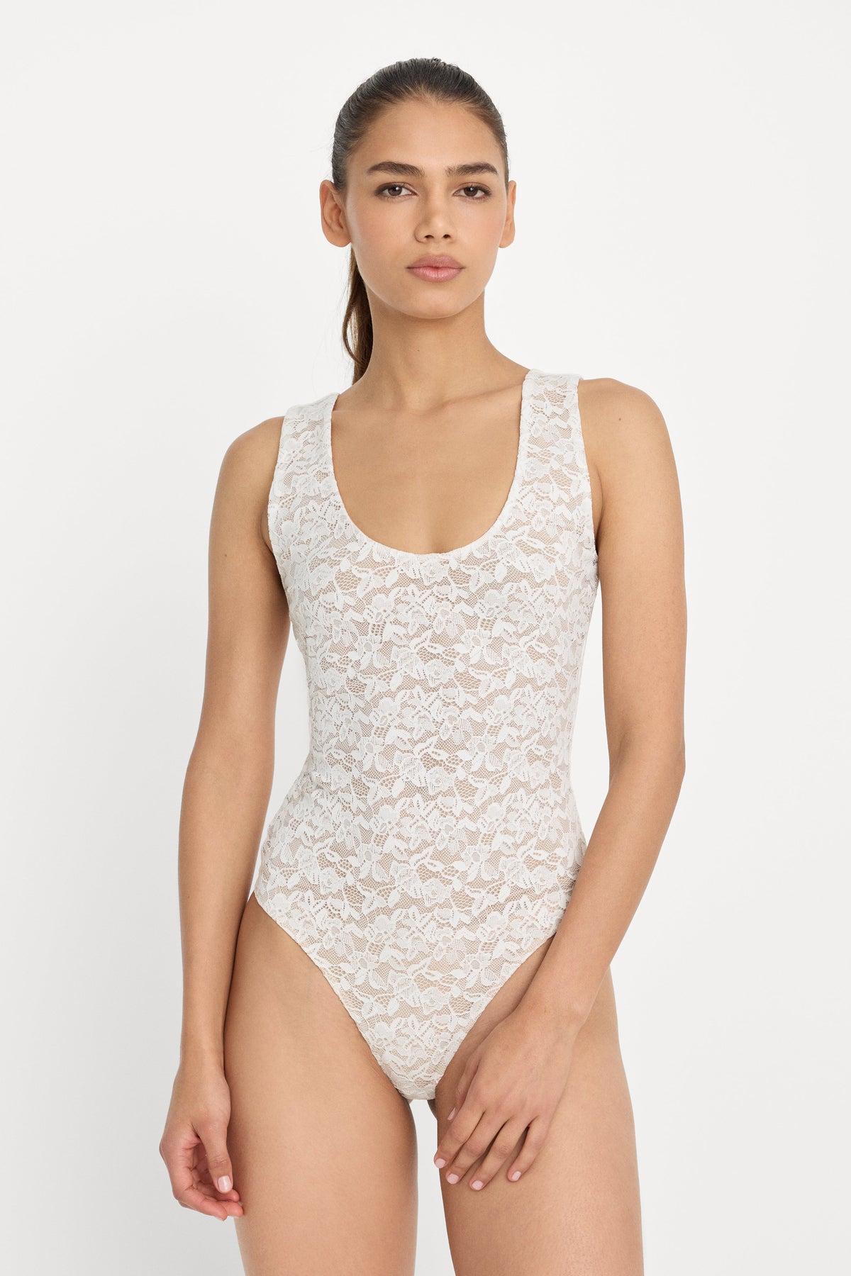 Stretch Lace Scoop Tank Bodysuit in Chalk