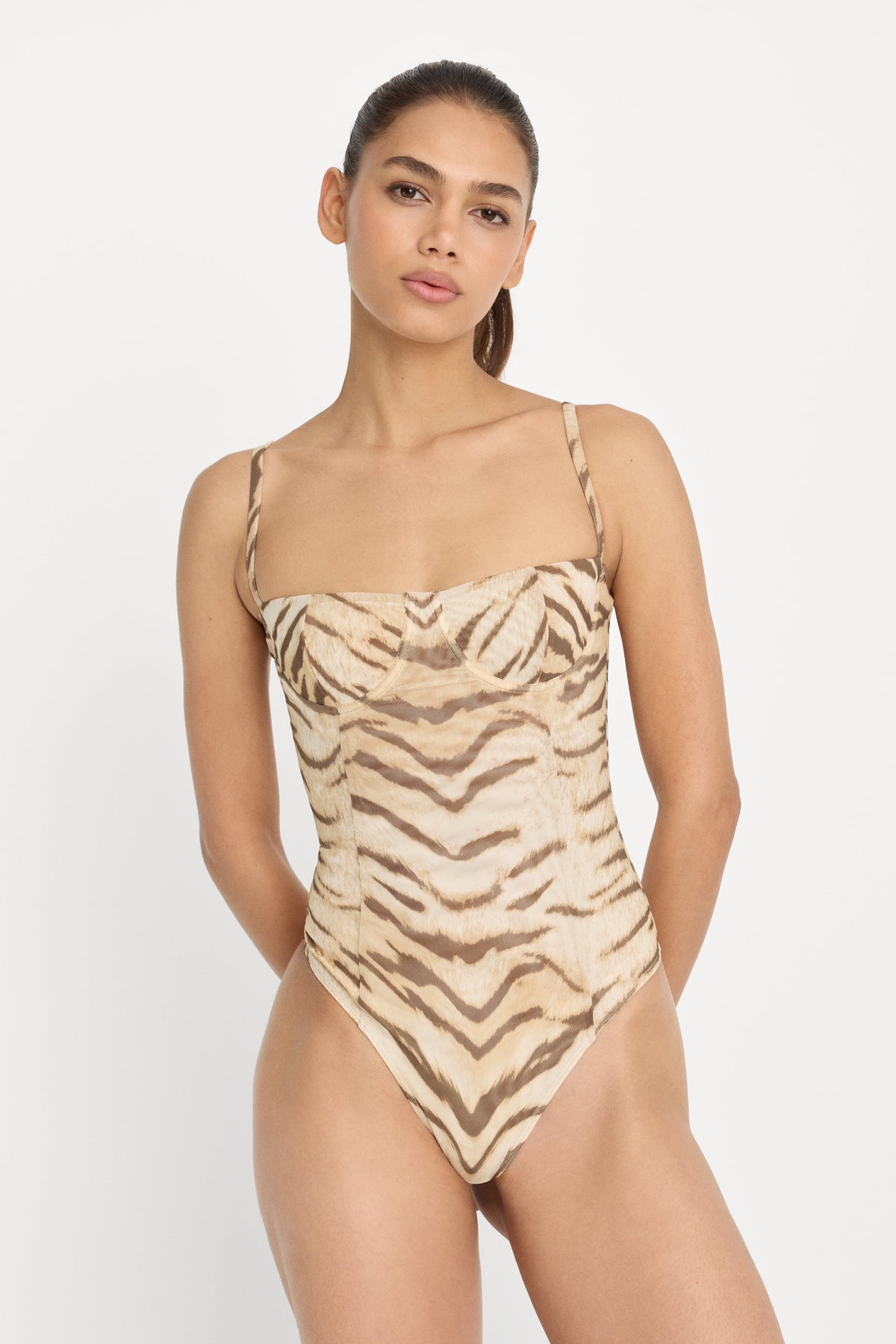 Mesh Bustier Bodysuit in Brown Tiger