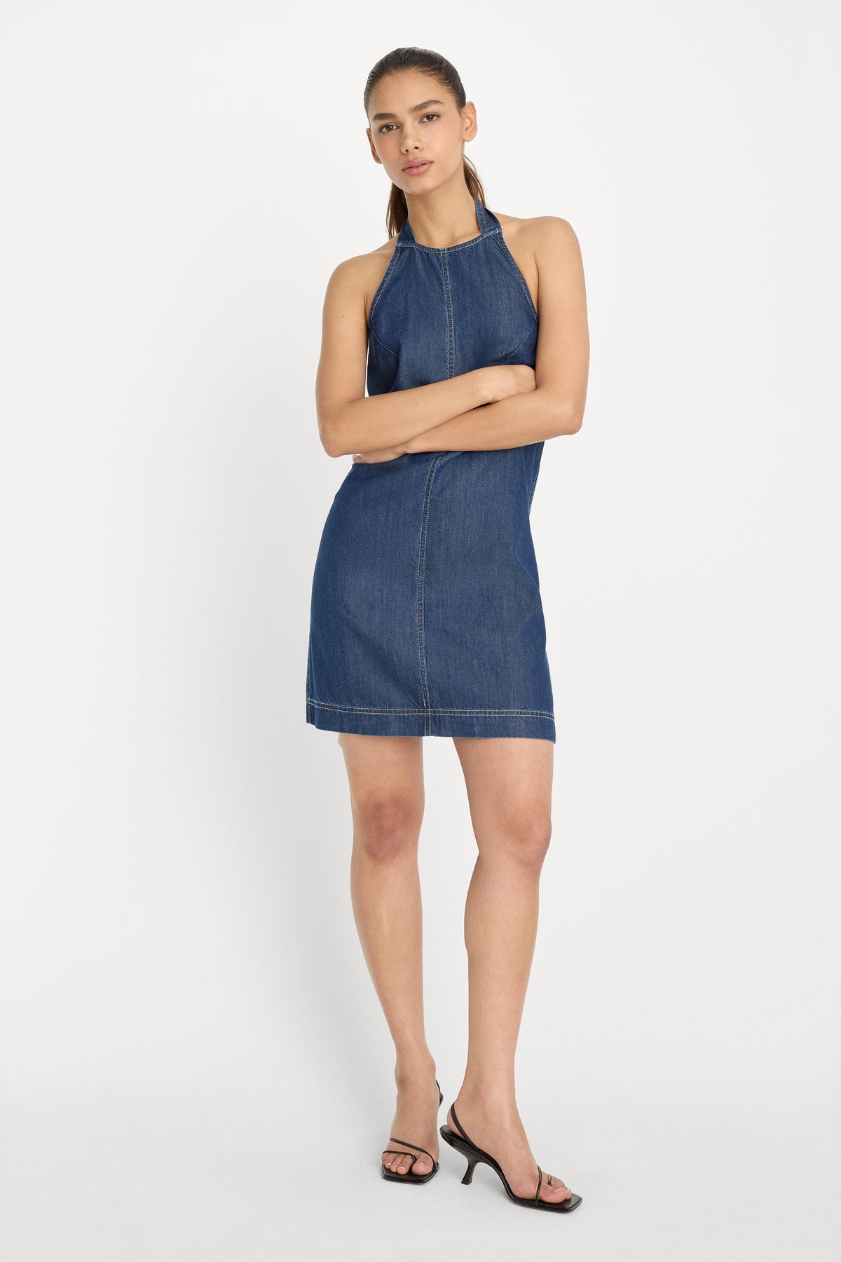 Denim Halter Shift Dress in Indigo1187