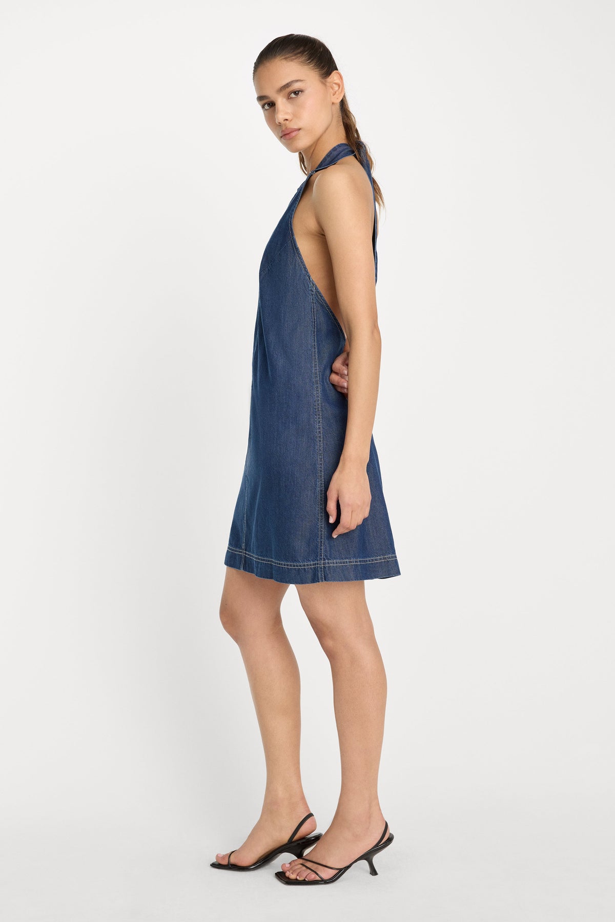Denim Halter Shift Dress in Indigo1187