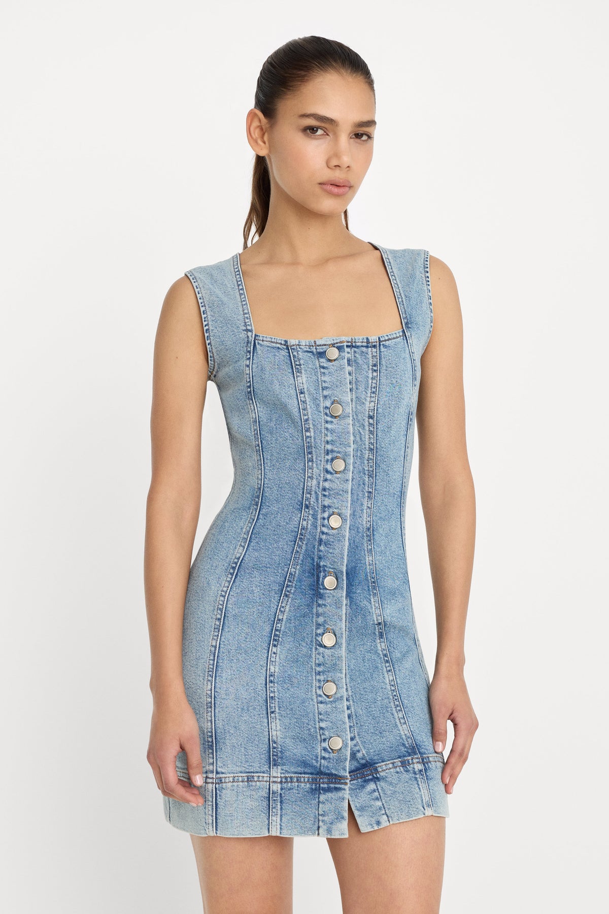 Mini Button-Front Denim Dress in Indigo1104