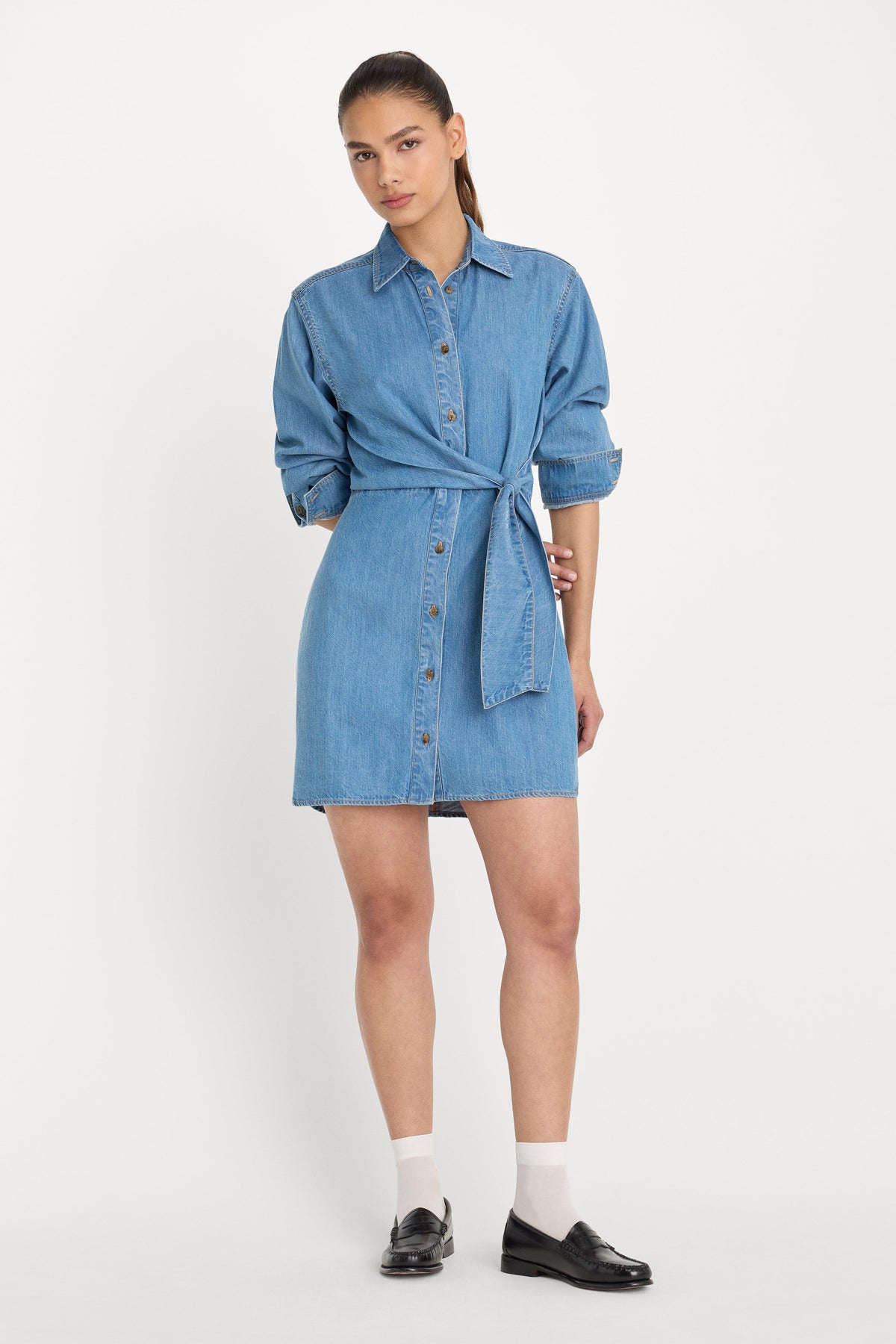 Denim Wrap Shirt Dress in Indigo266