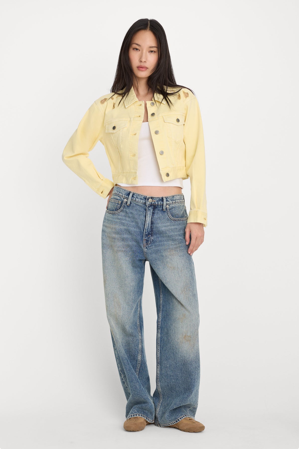 Essential Cropped Embroidered Denim Jacket in Anise Yellow