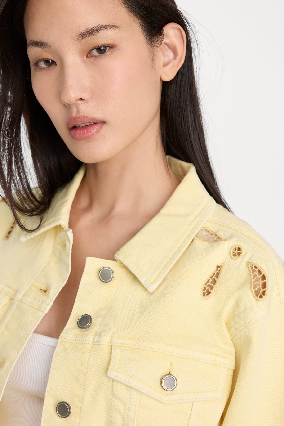 Essential Cropped Embroidered Denim Jacket in Anise Yellow