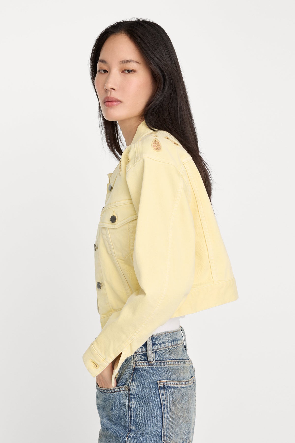 Essential Cropped Embroidered Denim Jacket in Anise Yellow
