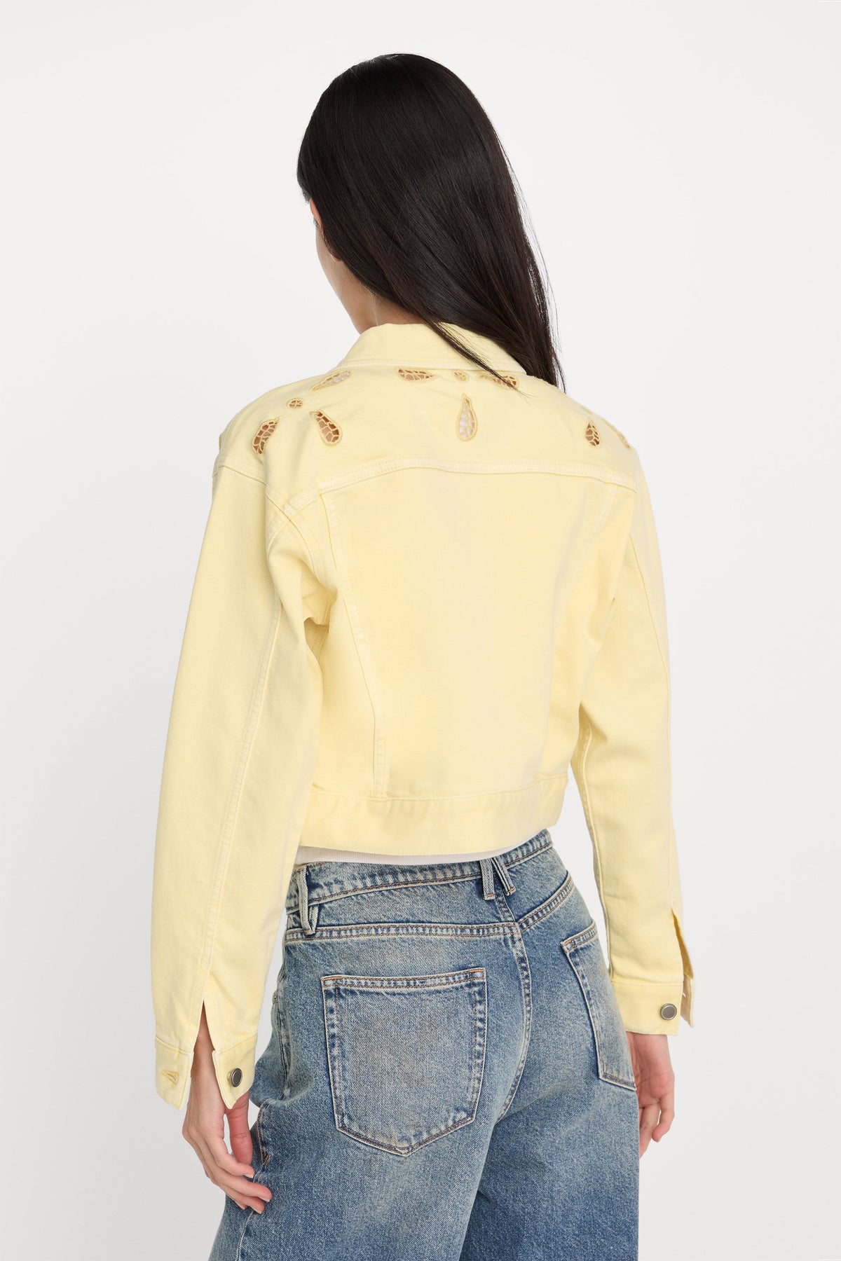 Essential Cropped Embroidered Denim Jacket in Anise Yellow