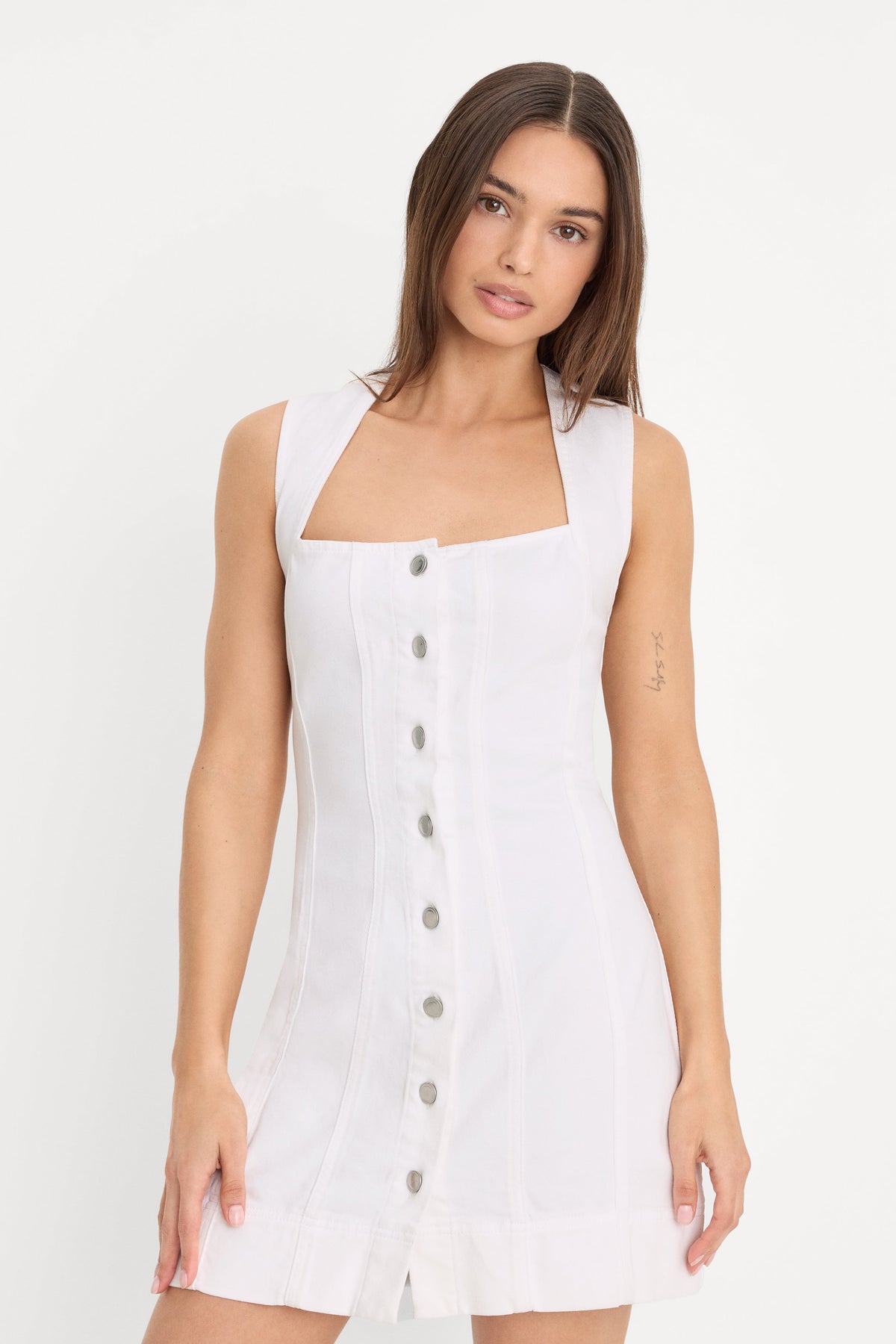 Mini Button-Front Denim Dress in White001