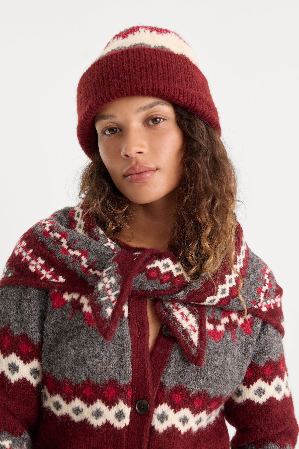 The Knit Beanie in Bordeaux Fair Isle
