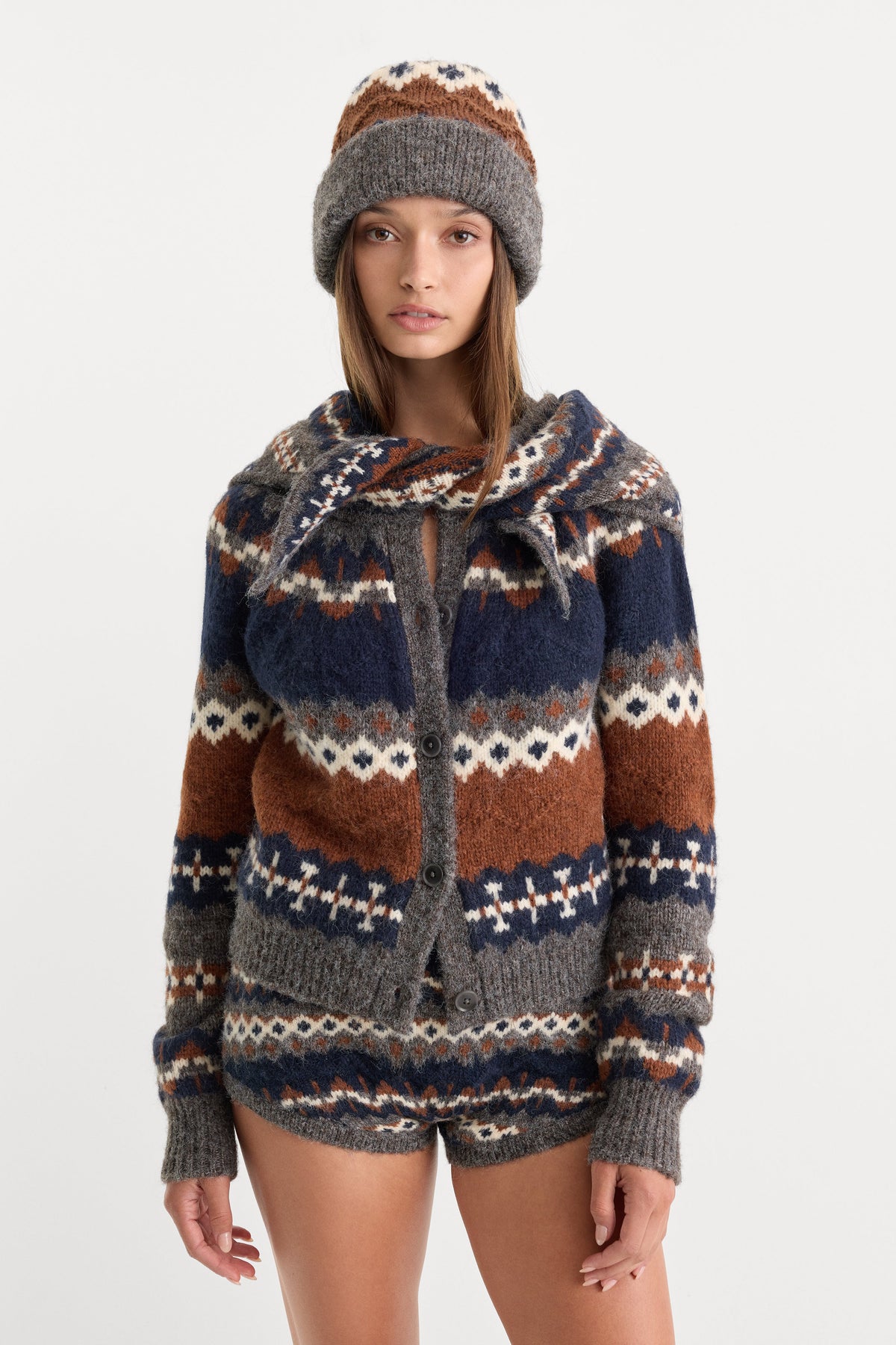 The Knit Beanie in Heather Grey Fair Isle