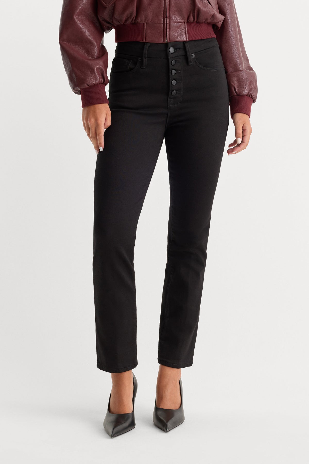 Never Fade Button Front Good Legs Straight Jeans in Black001