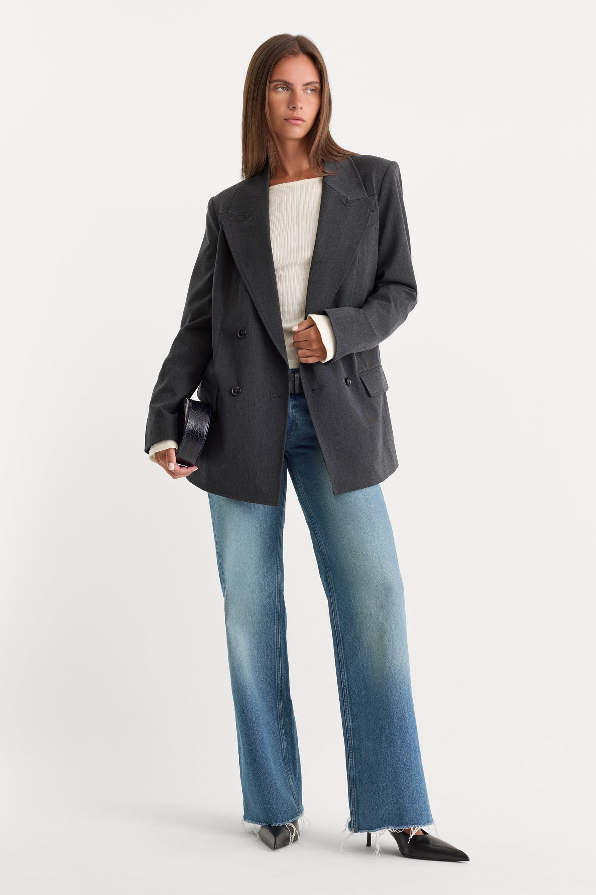 Essential Suiting Oversized Double Breasted Blazer in Dark Heather Gray