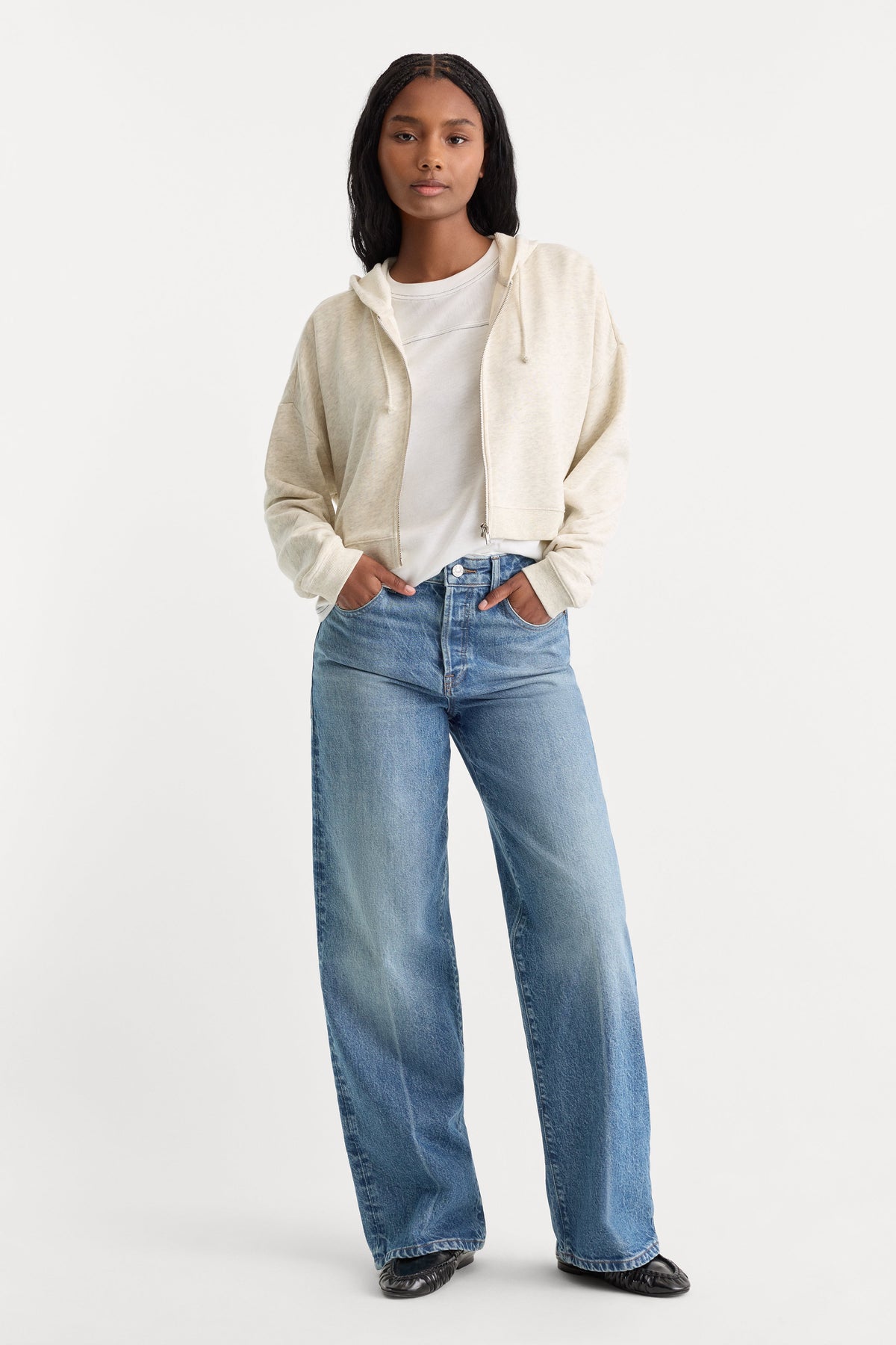 The French Terry Cropped Zip-Up Hoodie in Oatmeal Heather