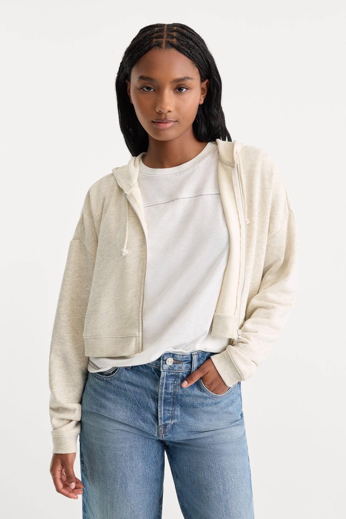 THE FRENCH TERRY CROP ZIP UP HOODIE | OATMEAL HEATHER