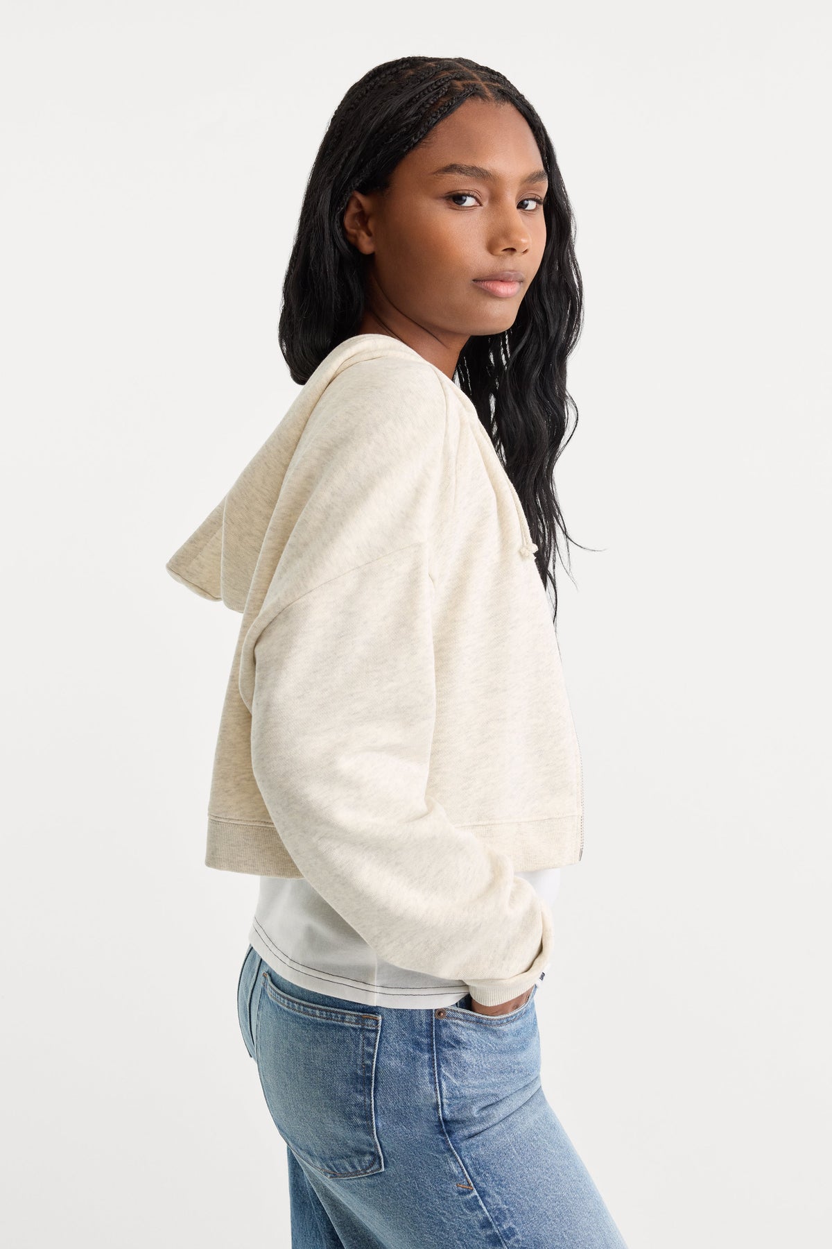 The French Terry Cropped Zip-Up Hoodie in Oatmeal Heather