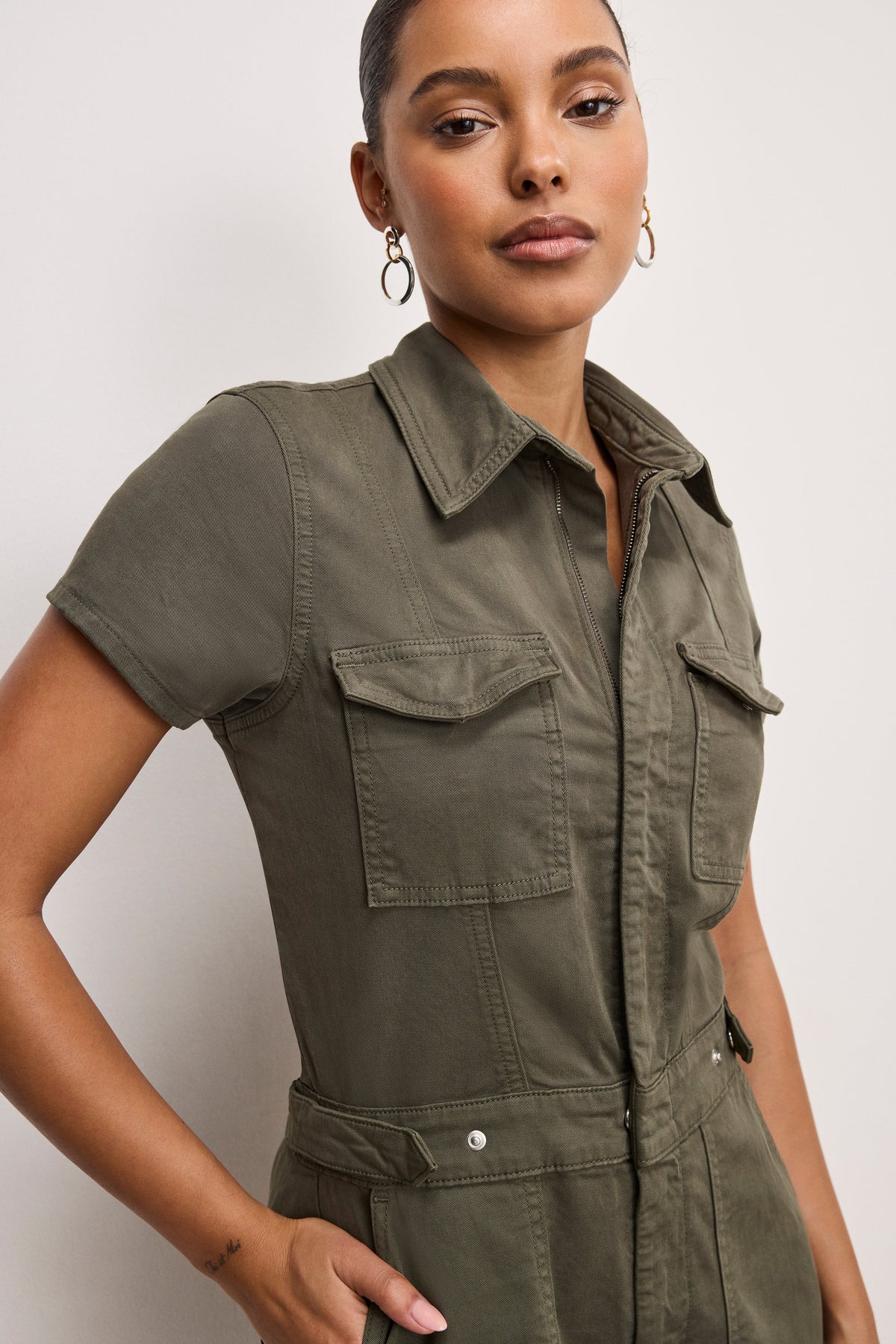 Fit For Success Twill Palazzo Cropped Jumpsuit in Fatigue001