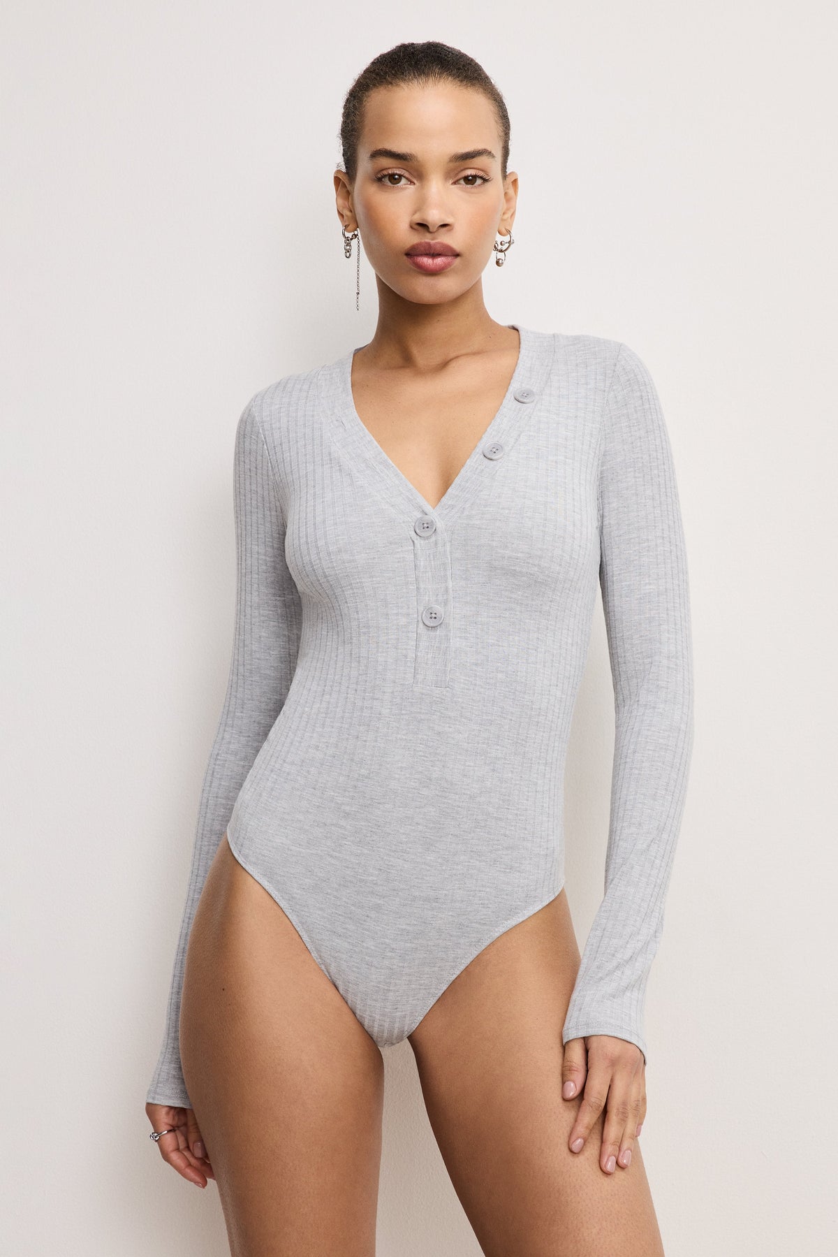 Ribbed Henley Bodysuit in Heather Grey001