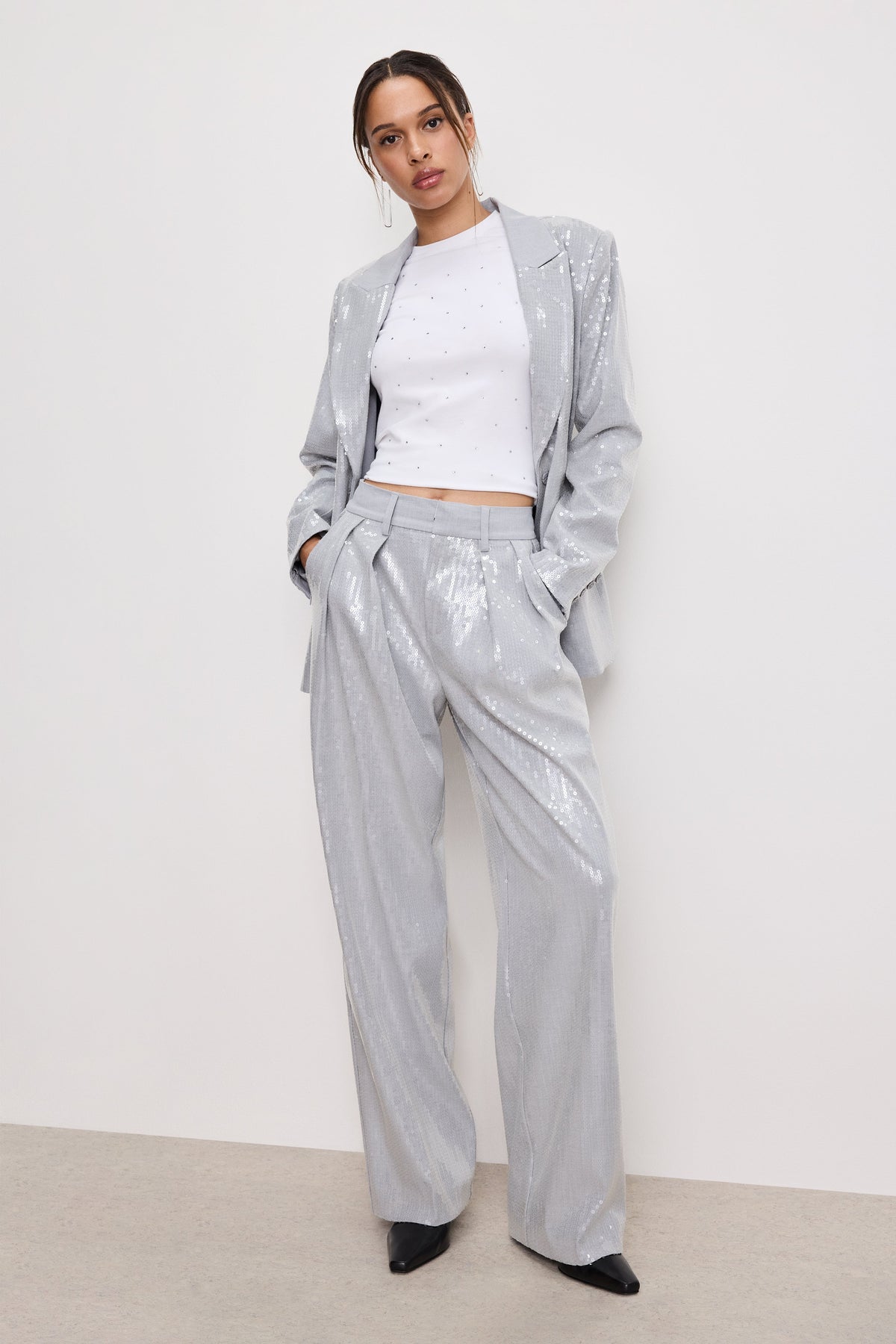 Sequin Oversized Blazer in Heather Grey001