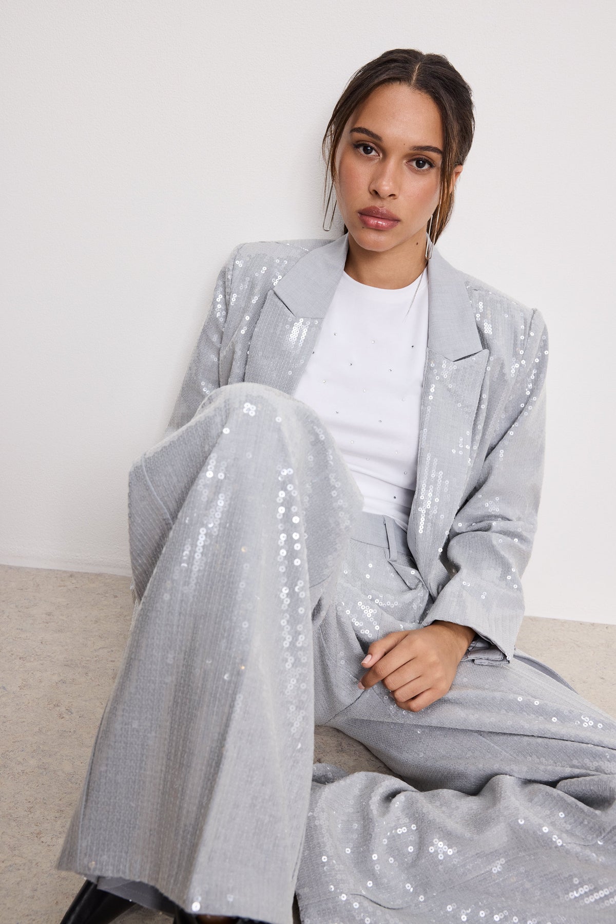 Sequin Oversized Blazer in Heather Grey001