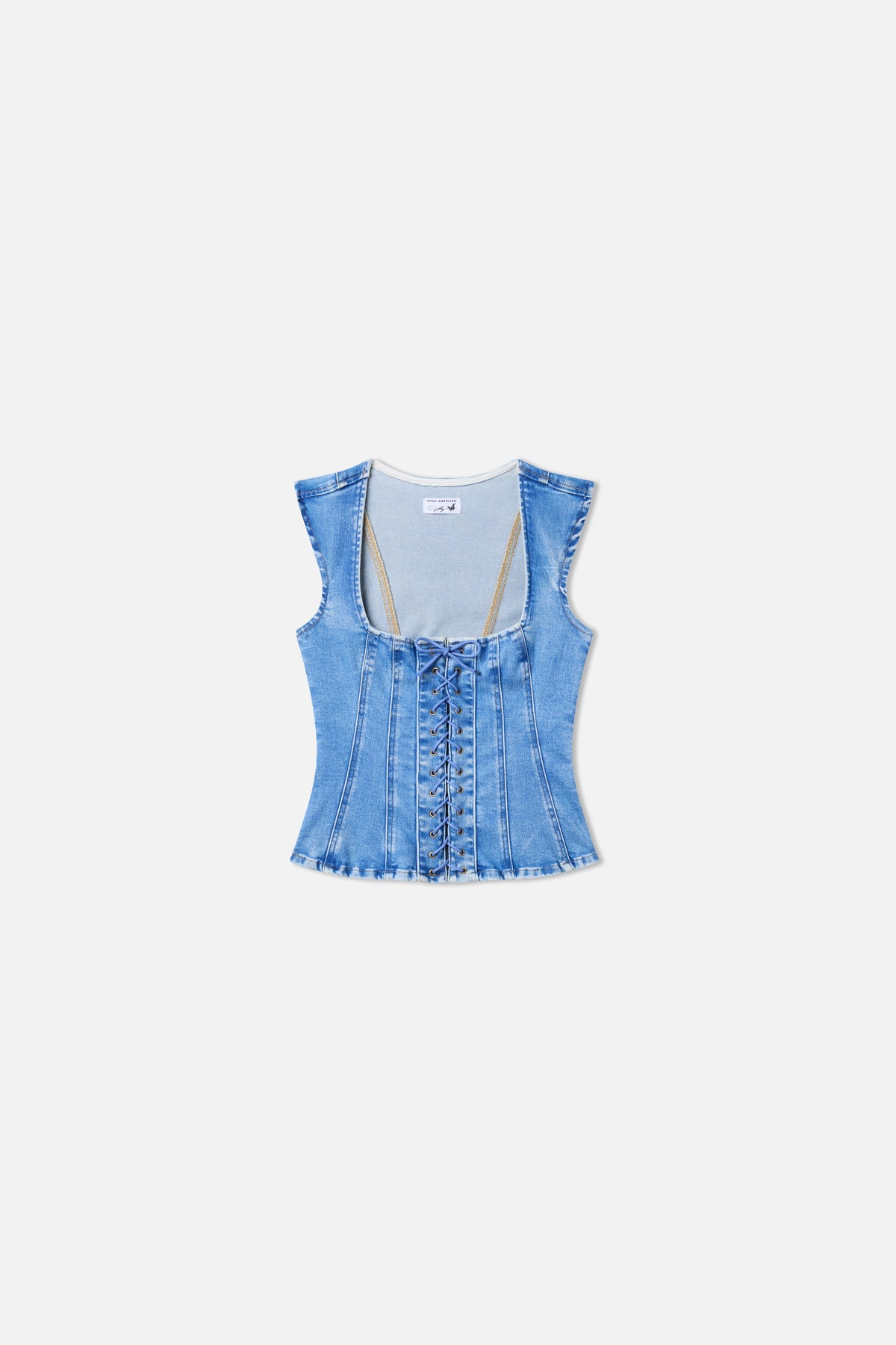 Dolly Lace-Up Peplum Denim Top in Indigo1090