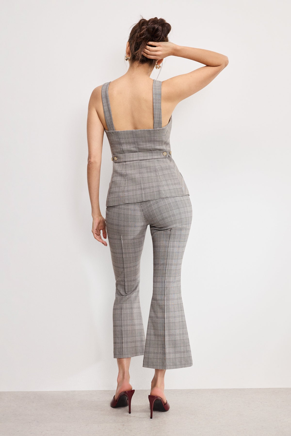 Plaid Pull On Kick Flare Pants in Glen Plaid001